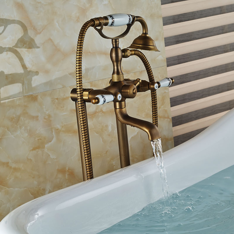 Dual-Handles-Bathroom-Floor-Mount-Freestanding-Bathtub-Filler-Bath-Tub-Faucet-Antique-Brass-Finish